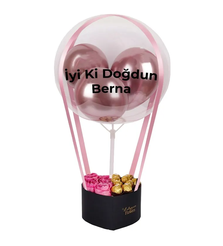 Balonlu Kalpli Çikolatalı Kutuda Pembe Gül - Elazığ çiçek siparişi