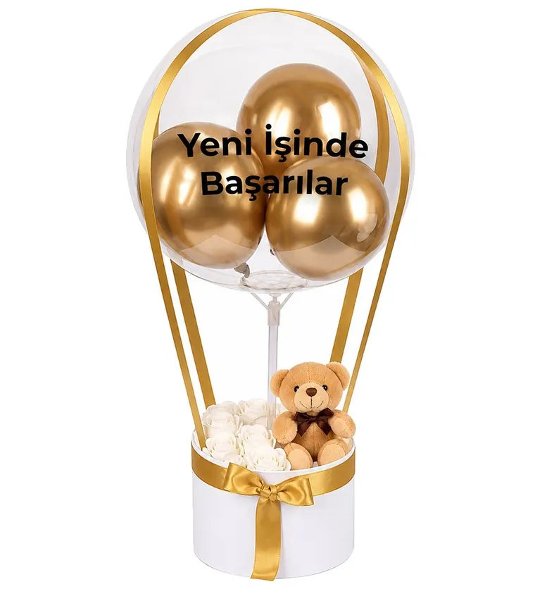 Balonlu Yuvarlak Beyaz Kutuda Ayıcıklı Yapay Beyaz Gül - Adana çiçek siparişi