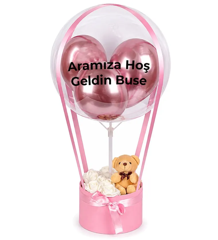 Balonlu Yuvarlak Pembe Kutuda Ayıcıklı Yapay Beyaz Gül - Adana çiçek siparişi