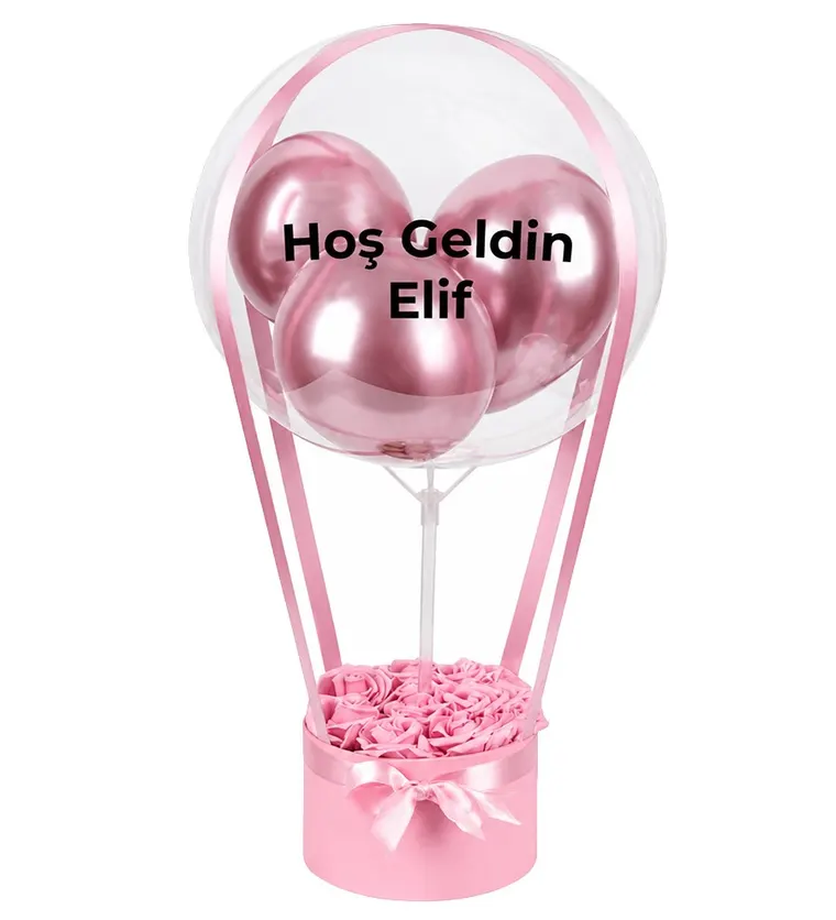 Balonlu Yuvarlak Pembe Kutuda Yapay Pembe Gül - Adana çiçek siparişi