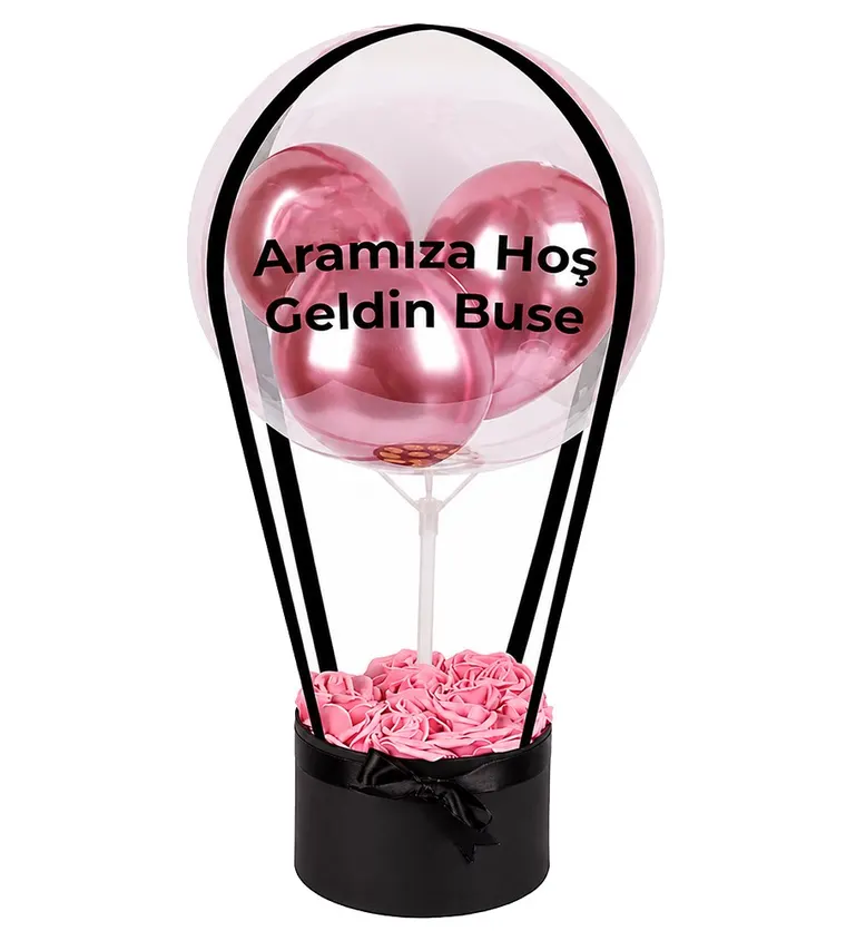 Balonlu Yuvarlak Siyah Kutuda Yapay Pembe Gül - Adana çiçek siparişi