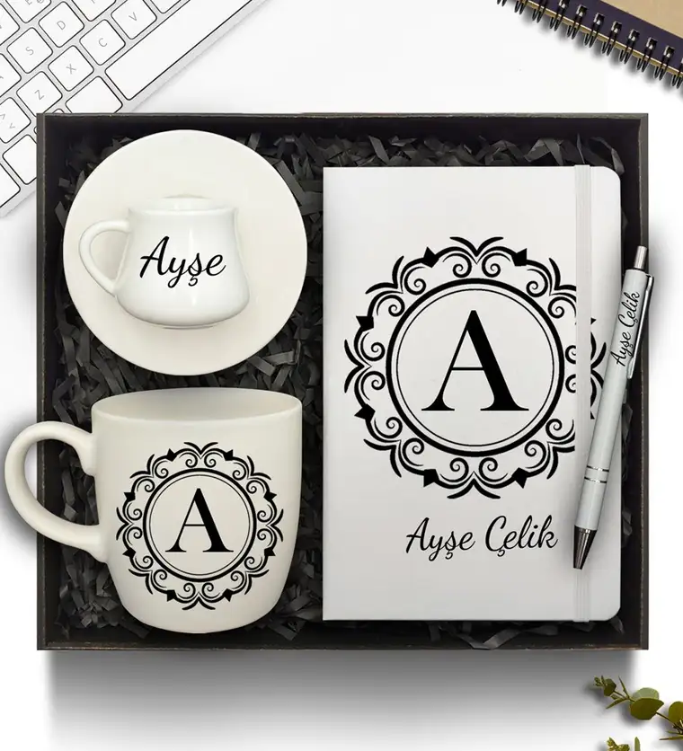 Kişiye Özel Defter & Bambu Tabaklı Fincan & Beyaz Kupa & Kalem Hediye Seti - Bartın çiçek siparişi